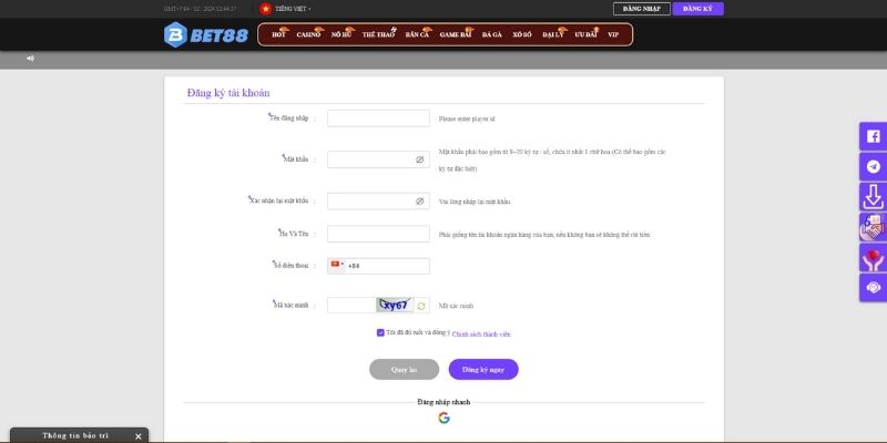 Nhập đầy đủ thông tin để đăng ký Bet88 trở nên dễ dàng hơn